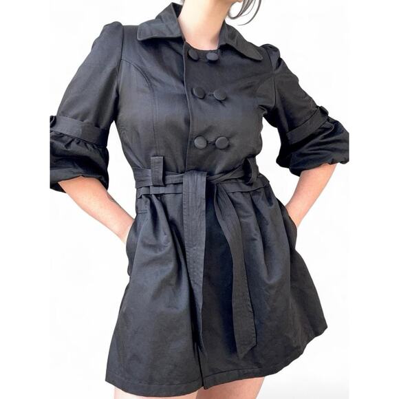 Luii Princess Trench Coat Sz XL Puff Sleeve Pleated Belt Goth Chic Dark Elegance - Picture 1 of 8